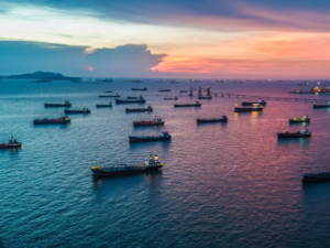 Container ships waiting in harbor due to unprecedented congestion