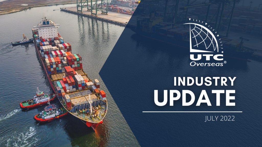 UTC Overseas Industry Update July 2022 (white text over semi-transparent dark blue overlay). Background image: three tugboats directing a containership in waterway off the dock of port terminal.