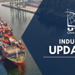 UTC Overseas Industry Update July 2022 (white text over semi-transparent dark blue overlay). Background image: three tugboats directing a containership in waterway off the dock of port terminal.