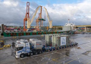 Featured image showing UTC Overseas transporting oversized electrical equipment for the construction of an onshore transformer station supporting the Baltic Power offshore wind farm.