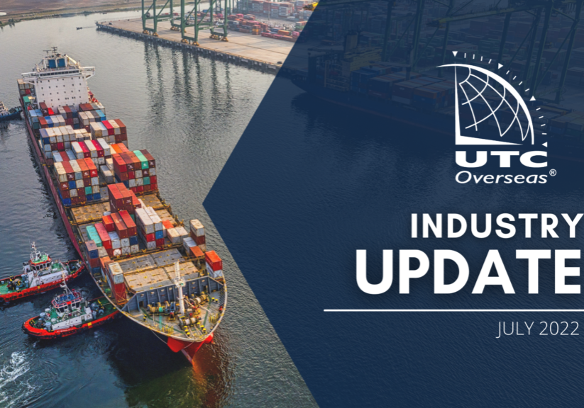 UTC Overseas Industry Update July 2022 (white text over semi-transparent dark blue overlay). Background image: three tugboats directing a containership in waterway off the dock of port terminal.